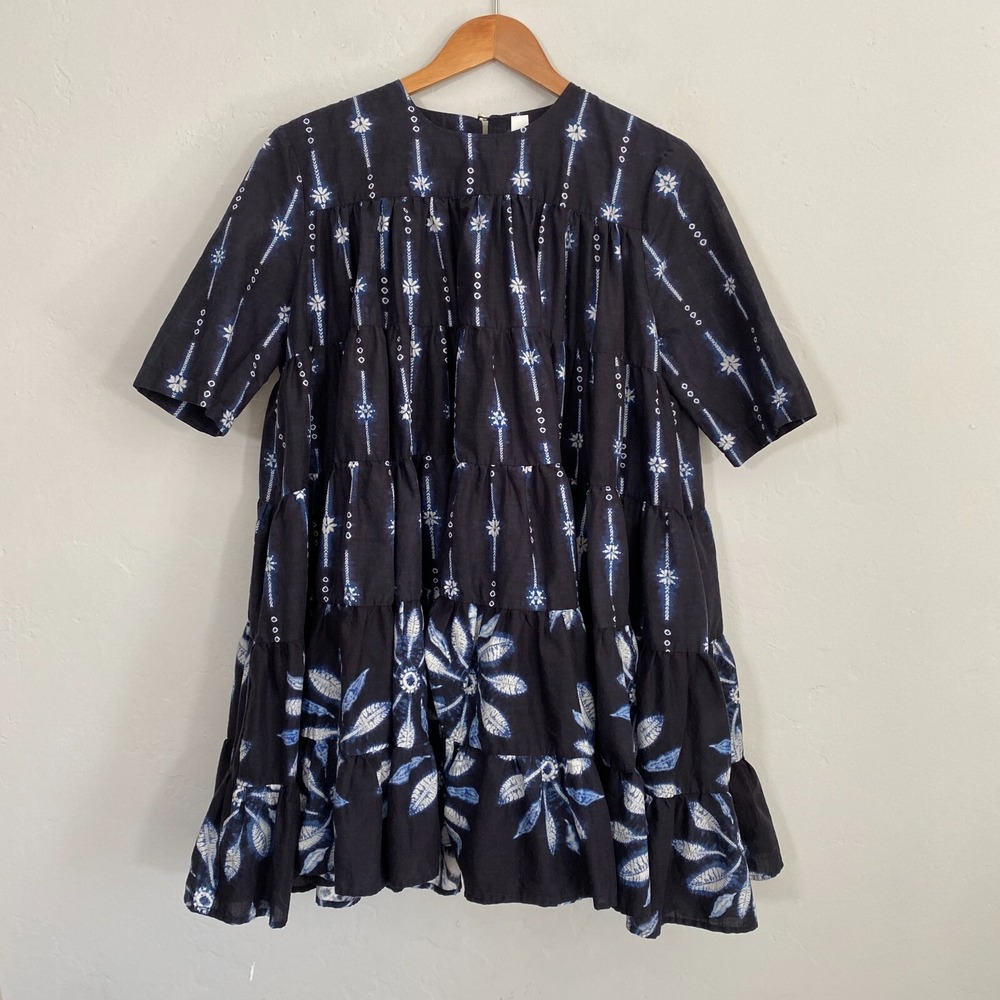 Merlette Mini Dress Women Size Small Blue White Shibori Tiered